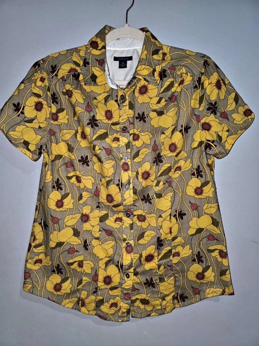Westbound Floral Button Up Shirt Boho 70s Retro Mustard Brown Short Sleeve